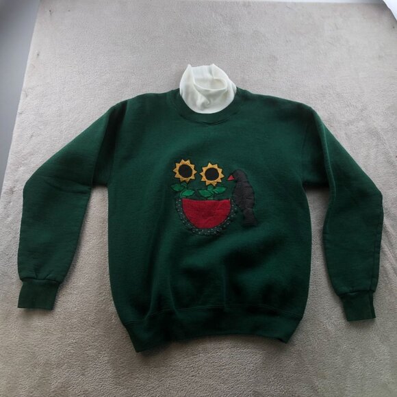 Vintage Lee Women's Art Sweatshirt Large Pullover Floral Applique Green Knit Y2K - Picture 11 of 12
